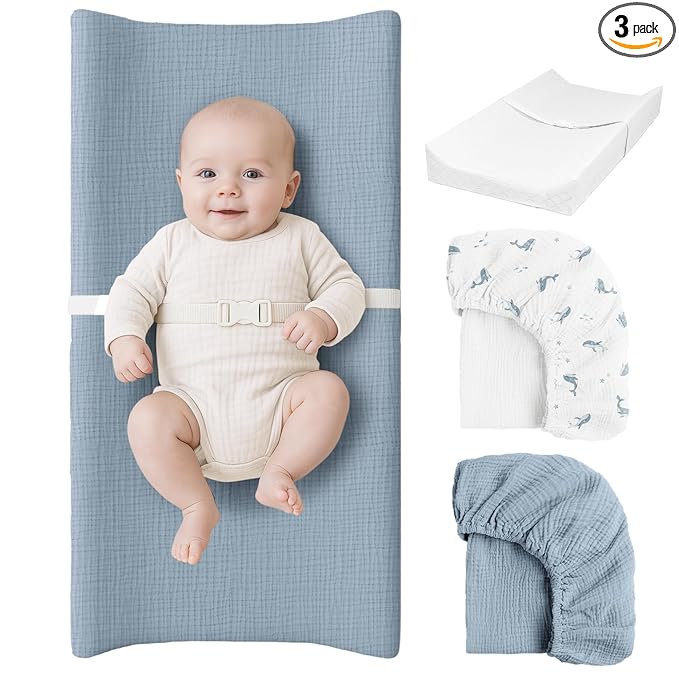 Konssy Muslin Changing Pad with Waterproof Lining Foam, Includes 2 Pack Soft & Cotton Cover, Baby Diaper Changing Pad for Dresser or Table, 32x16 inches (Little Whales, Blue)
