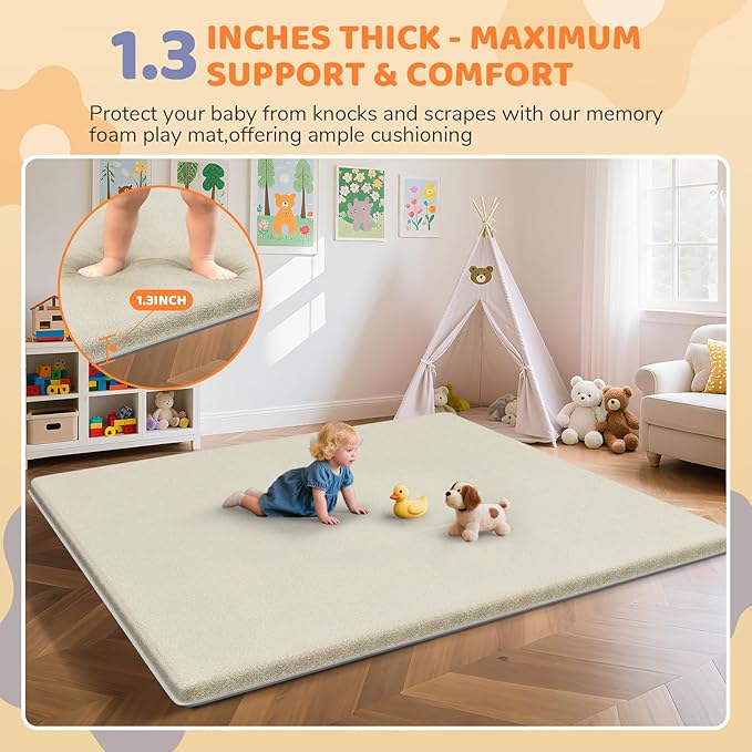 Omzer Baby Play Mat for Floor: Soft & Safe - 1.3'' Thick Foam Playpen Mat with Machine Washable Removable Coth Cover for Tummy Time- Non Slip Crawling Pad for Toddler,Infant,Kids(Khaki, 71''x79'')
