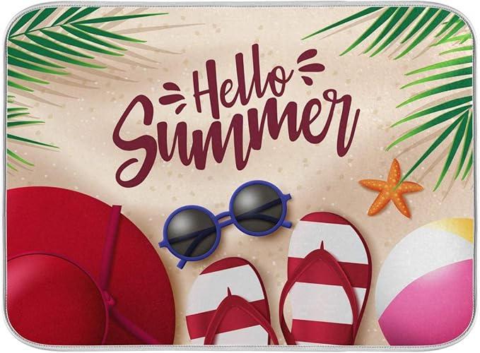Hello Summer Dish Drying Mat for Kitchen Counter 16x18 in, Flip Flop Tableware Bottle Dryer Rack Mats for Kitchen Sink