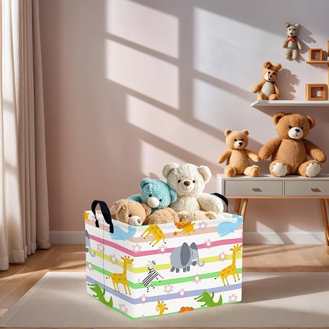 ASKETAM Cute Rectangle Woodland Animal Baby Girl Basket Nursery Playroom Bedroom Decor Clothes Toy Basket (Colorful Animals)