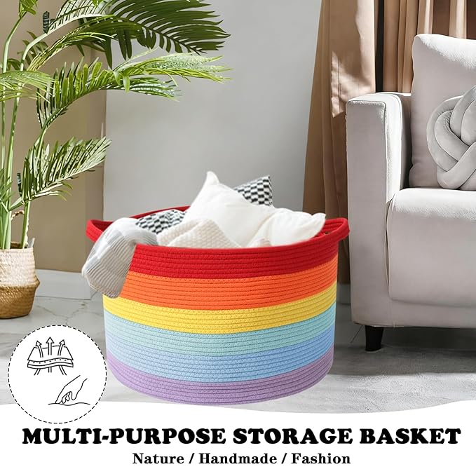 Large Storage Basket with Handle,19.7" L x 19.7" W x 13" H Blanket Basket Storage Bins for Organizing,65L Cotton Rope Woven Baskets for Living Room, Nursery,Bedroom,Rainbow