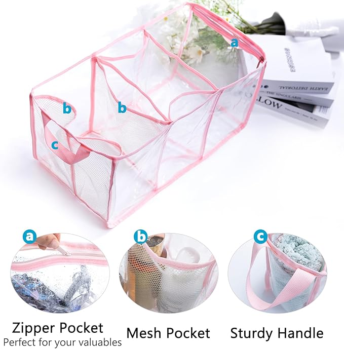 AMOIGEE Clear Beach Bag Organizer Insert with 3pcs Accessories for XL Bogg Bag Inserts - Tote Bag Divider with Sunglasses Holder, Phone Holder and Clips Hooks - Beach Tote Insert Organizer Liner