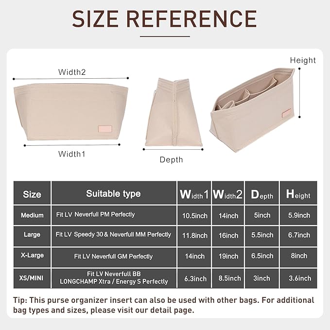 Purse Organizer Insert Compatible with Neverfull GM and More, Felt Zipper Bag Insert Liner with Base Shaper for Women Tote Handbags, Beige, XL
