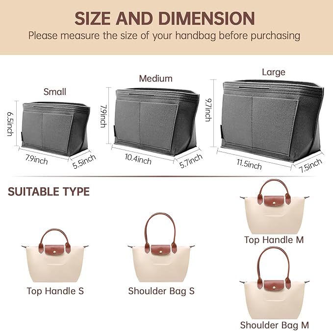 OPPOSHE Purse Organizer Insert for Longchamp Le Pliage, Premium Felt Long Champ Bag Handbag Women, Tote Organizer Insert with 9 Compartments (Medium, Grey)