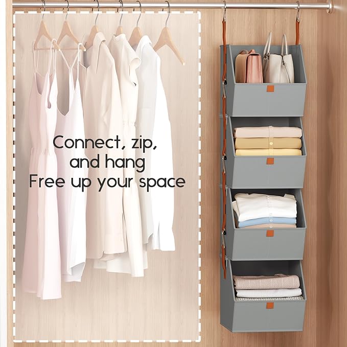 Homsorout Hanging Closet Organizer 4 Tier - Clothes Hanging Shelves, Space-Saving Closet System, Fabric Storage Bins Bedroom Organization, Collapsible Baskets for Home, Dorm, Rv, Grey, 2 Pack