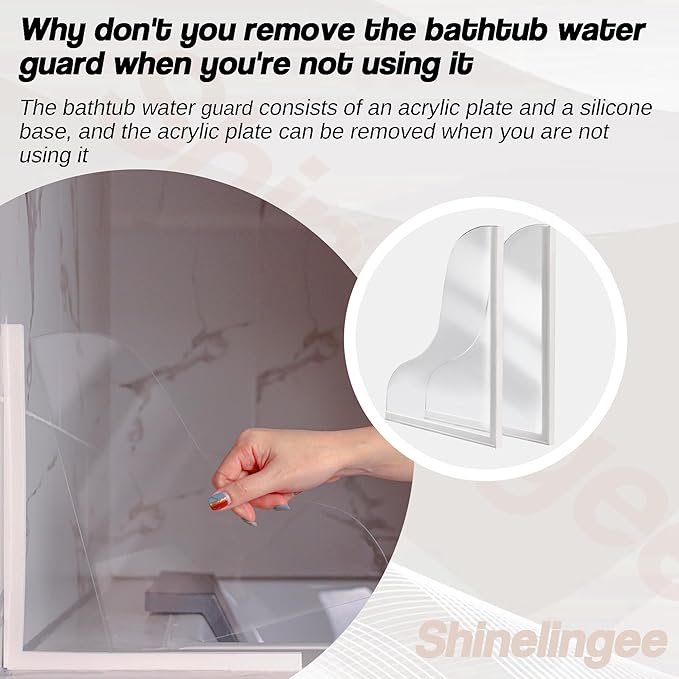 Shineligee 2 Pack Updated Shower Splash Guard, Large Splash Guards for Bathtub, Consists of Silicone Base and Acrylic Plate, Keep Water in Shower or Bath, Shower Corner Splash Guard