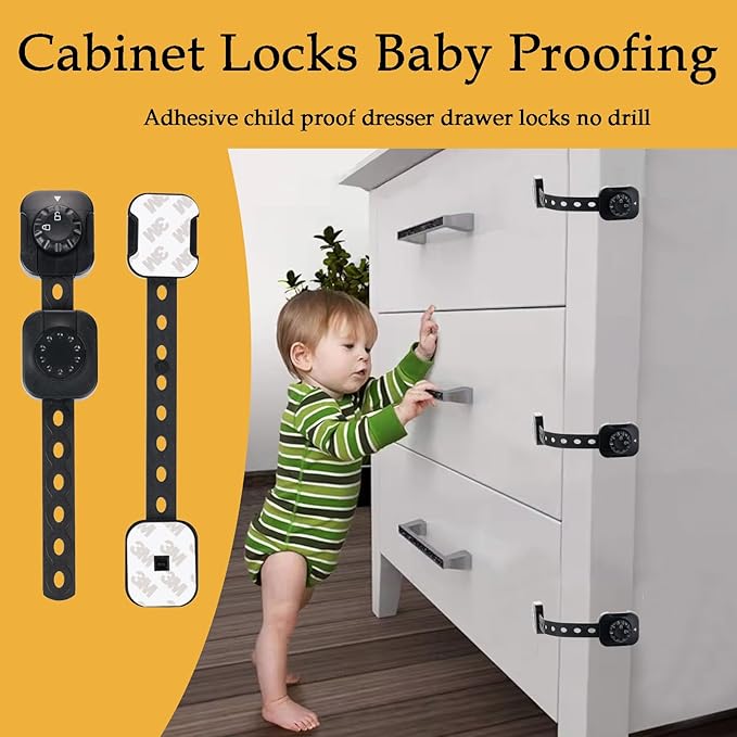 Cabinet Locks Baby Proofing, Child Safety Drawer Locks -Adjustable Child Safety Strap Locks Adhesive Baby Door Latch for Fridge Toilet Oven No Drill Multi-Purpose Furniture Kitchen Lock Black 6 Pack