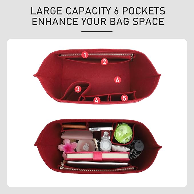 Felt Purse Organizer Insert Compatible with Longchamp Le Pliage Large and More, Zipper Long Champ Bag Organizer Insert with Cup Holder, 8 Compartments (Wine Red,L)