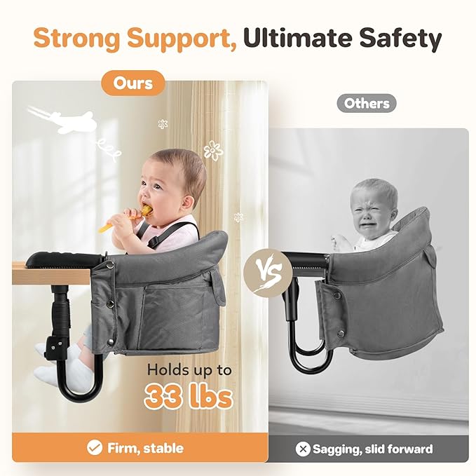 Ezebaby Hook on High Chairs, Secure Clip on High Chair for Baby, Compact Fold-Flat for Easy Storage, Fast Table Chair with Baby Seat, Portable Highchair Attaches to Table for Travel, Grey