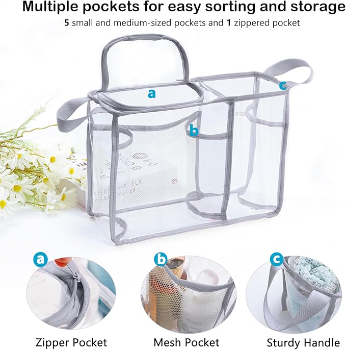AMOIGEE Clear Beach Bag Organizer Insert with Zipper Closure Lid and 3pcs Accessories Compatible with Bogg Bag Medium- Tote Insert Bag Divider with Sunglasses Holder, Clips Hooks