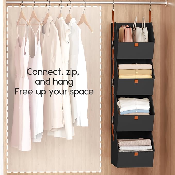 Homsorout Hanging Closet Organizer 4 Tier - Clothes Hanging Shelves, Space-Saving Closet System, Fabric Storage Bins Bedroom Organization, Collapsible Baskets for Home, Dorm, Rv, Black