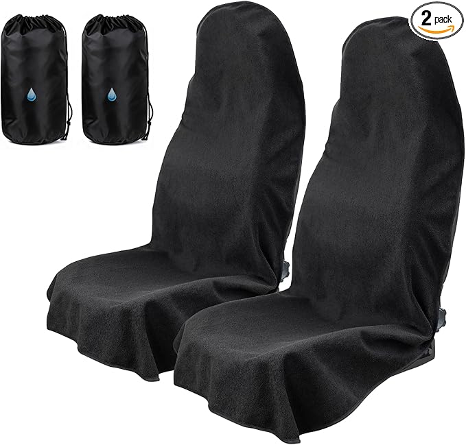 Universal Car Seat Cover Towel, Waterproof Washable Sweat Protection for Front Bucket Seats, Non-Slip Fit, Fits Cars SUVs Trucks, Ideal for Gym, Kids, Pets, Outdoor Sports, Travel (Black, 2 Pack)