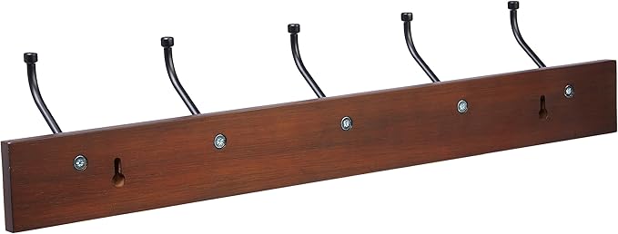 Amazon Basics Wall-Mounted Coat Rack, 5 Hook, Light Walnut | Farmhouse, Rectangular