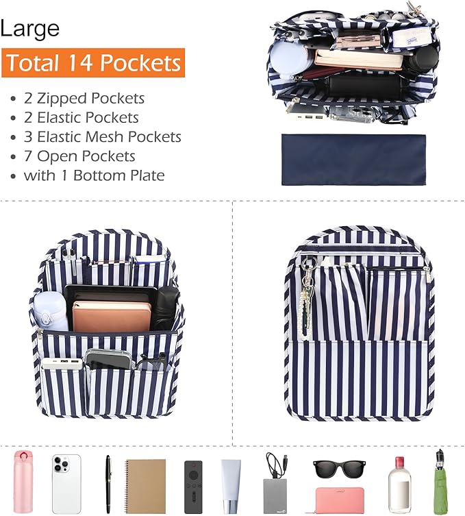 Surblue Backpack Organizer Insert Liner Hanging Travel Rucksack Purse and Handbag Insert Pocket, High-capacity Divider Foldable Nylon Shoulder Bag Organizer for Men and Women, (NavyStripes, L)
