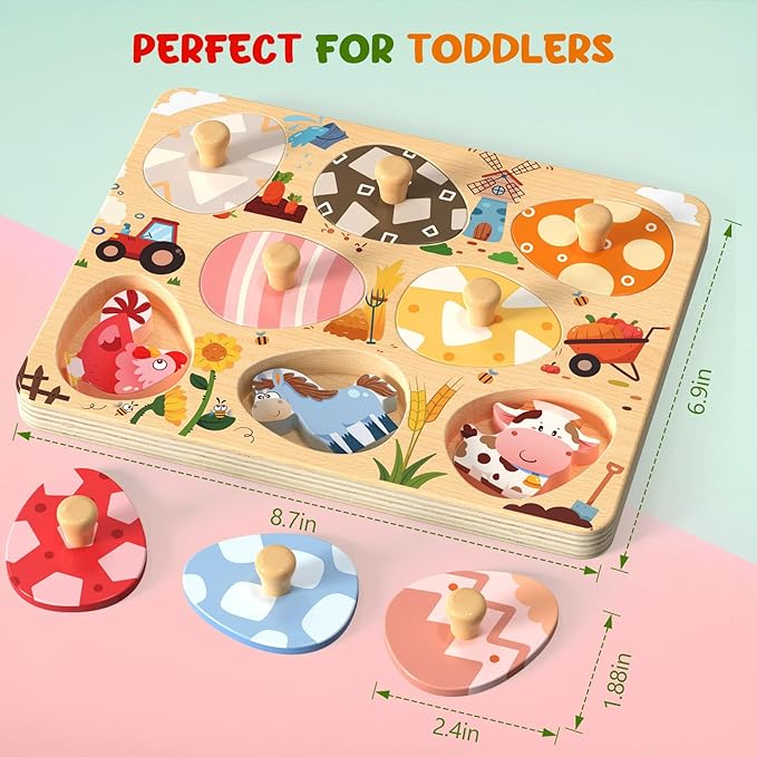Zeoddler Wooden Puzzles for Toddlers, 8 Pcs Farm Animal Matching Egg Puzzle, Montessori Toys for Boy Girl Easter Birthday Gifts, Preschool Learning Activities & Educational Toys for Boys, Girls