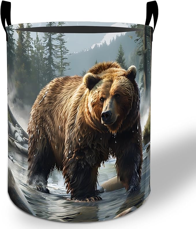 Bear Laundry Basket Hamper 19.7"x15.8", Wild Grizzly Animal Foldable Waterproof Oxford Clothes Storage Bucket for Room Bathroom Bedroom Nursery Decor, Toy Organizer Bins Gifts for Kids Boys Girls