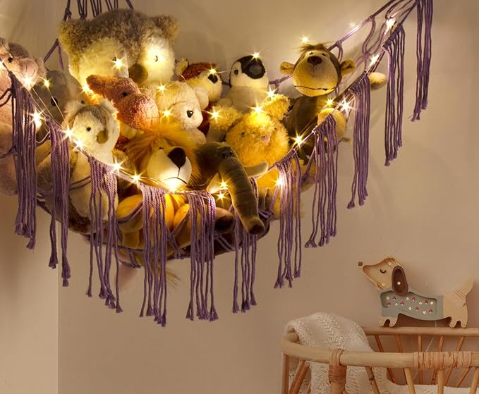 Stuffed Animal Hammock Corner with LED Light - Toy Storage Hammock Plushie Net Organizer - Teddy Bear Stuffy Hammock - Purple Nursery Decor Baby Kids Bedroom Nursery Furniture