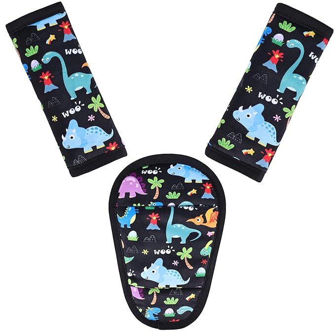 3 Pcs Car Seat Stroller Straps Pads for Baby, Newborn Soft Shoulder Strap and Crotch Covers, Universal Shoulder Straps Pads for Car Seat, Pushchair, High Chair (Dinosaur)