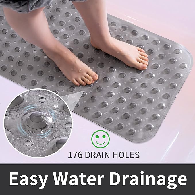 ROSMARUS Extra Long 16” x 39” Non-Slip Bathtub Mat, Shower Mat for Tub with Suction Cups and Drain Holes Bathtub Mats for Kids, Baby, Bathroom Shower Floor Mat Anti Slip Bathtub Accessories, Grey