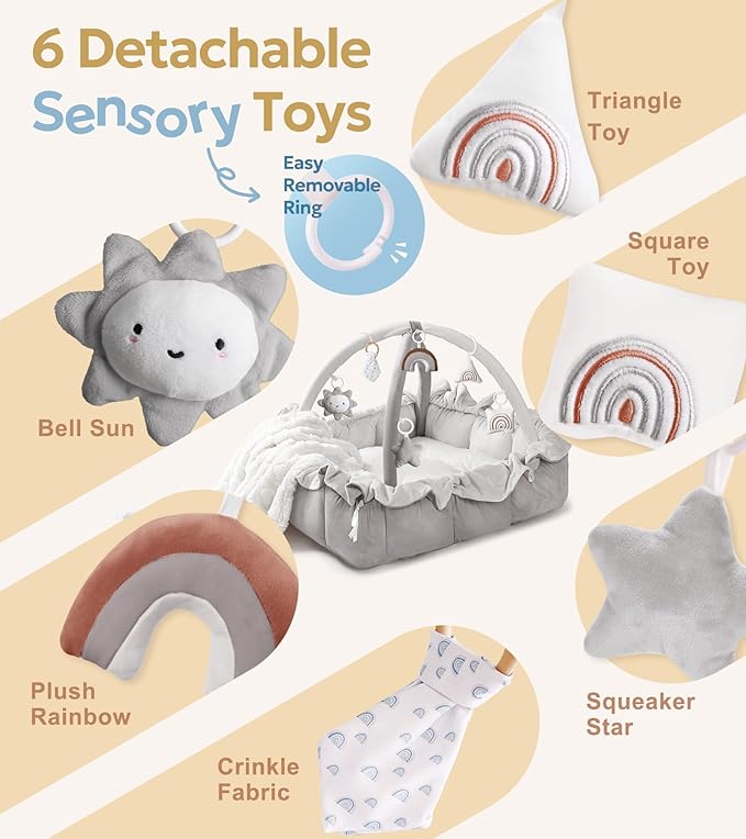 Mallify 5-in-1 Plush Baby Play Gym, Baby Play Mat, Convertible Baby Gym with Blanket and 6 Toys, Tummy time mat, Baby Activity Center from Newborn to Toddler, Baby Gym, Baby Newborn Essentials, Grey