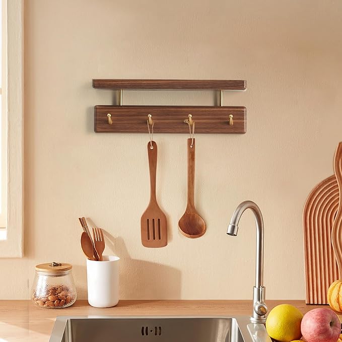 Mayhas Solid Wood Shelf with Hooks, 12 inch Coat Rack Wall Mount, Shelves with 4 Brass Hooks for Hanging in Entryway, Living Room, Bathroom, Bedroom, Kitchen(Walnut)