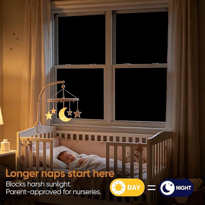 SUNBABY Blackout Window Film, 100% Light Blocking for Daytime Sleep, Total Privacy & UV Sun Blocking, Static Cling No Glue Cover for Bedroom, Nursery, Home Theater, 17.5 x 118.1 Inch with 3 Tools
