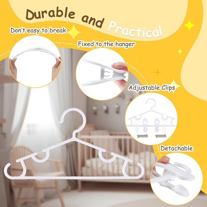 Hsei 5/10/40 Pack Baby Hangers with 10/20/80 Clips, Plastic Kids Pants Hangers for Nursery Closet Top and Bottom Clothes Hanger Set for Newborn Infant Toddler(60 Packs Total,White,10.6 Inch)