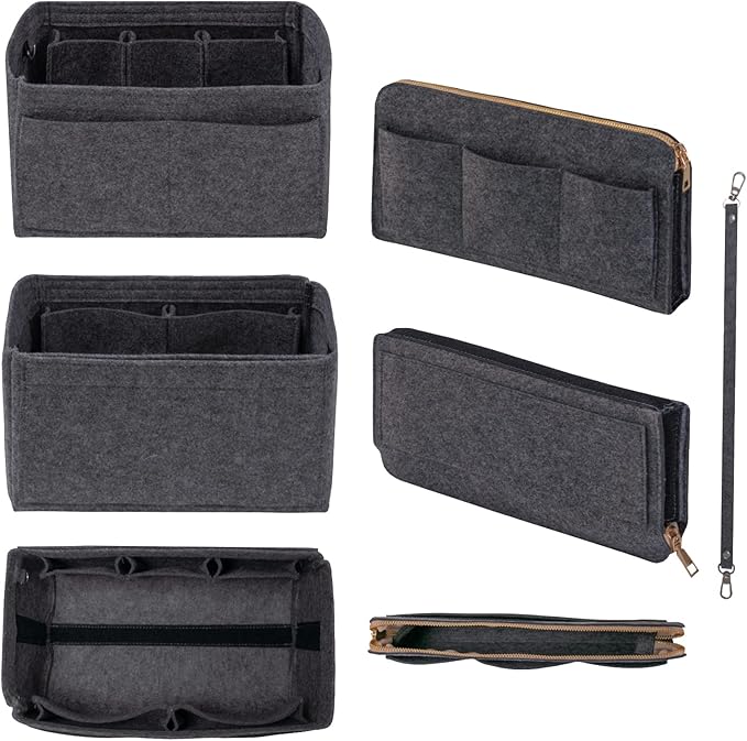 Purse Organizer Insert with Zipper Felt Bag Organizer for Tote Purse Bag Grey X-Large