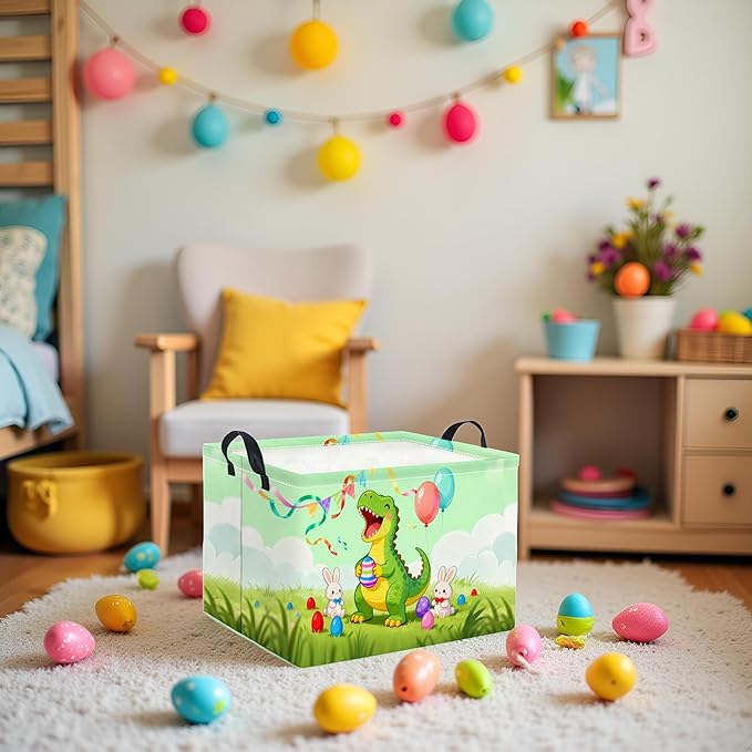 TIBAOLOVER Rectangular Easter Basket for Home Kitchen Baby Girls Basket Cute Storage Bin Organizer Shelf Book Room Decor(Happy Dinosaur)