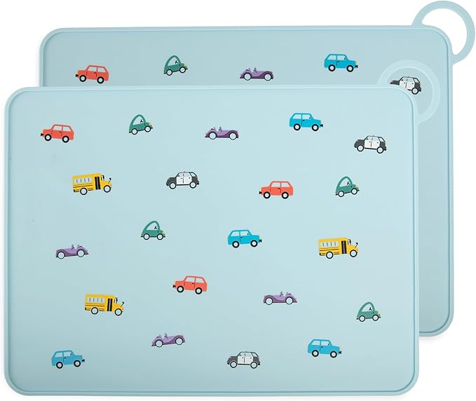 Silicone Placemats for Dining Table - Non-Slip Grip, Ridged Edges, Car Design (2 pack)