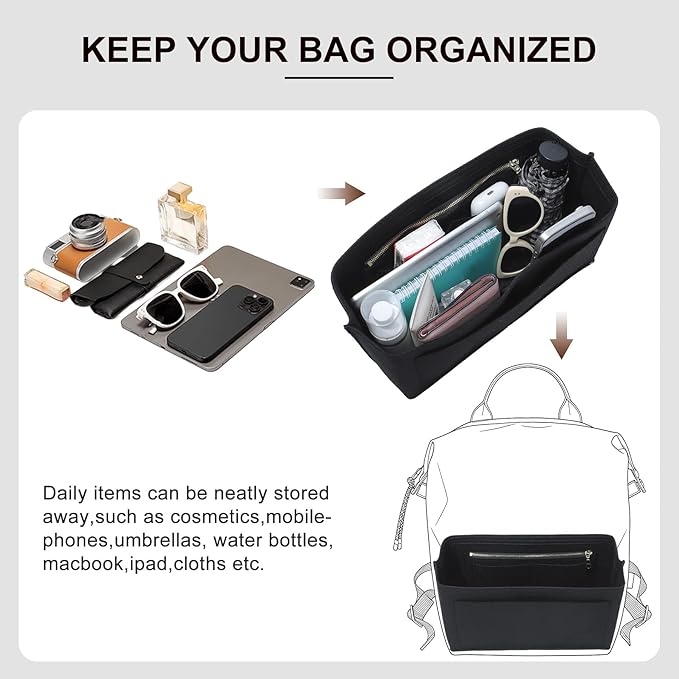 Premium Felt Purse Organizer Insert Compatible with Long Champ Le Pliage L Backpack, Lightwieight Bag Divider Shaper with 8 Pockets & YKK Zipper, Black/LB