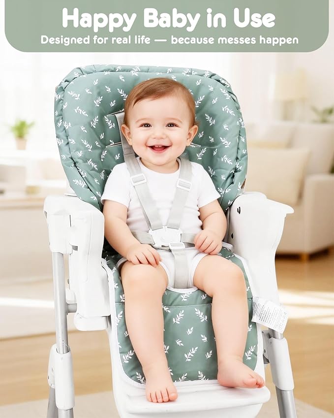 Baby High Chair Cover Replacement, Reversible & Waterproof High Chair Cushion Pad Home & Restaurant use, Includes 5-Point Harness Strap, Chair Not Included (Dark Green)