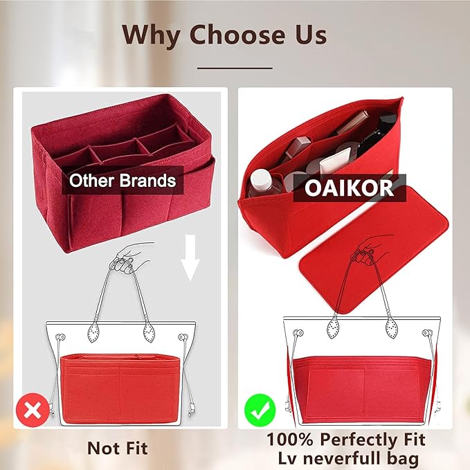 Purse Organizer Insert with Base Shaper,Felt Tote Bag Organizer Insert Compatible with Speedy 30 Neverfull MM,City 33 and More,Bag Inner Shaper for Luxury Bags,Red/L