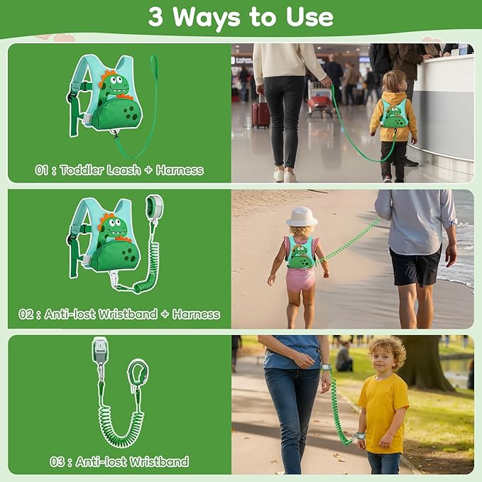 Dr.meter 3 in 1 Toddler Harness Leash + 8.2ft Anti Lost Wrist Link, Cute Dinosaur Kids Safety Harness Tether with Key Lock, Child Protective Leashes While Walking for Outdoor Activity Keep Kids Close