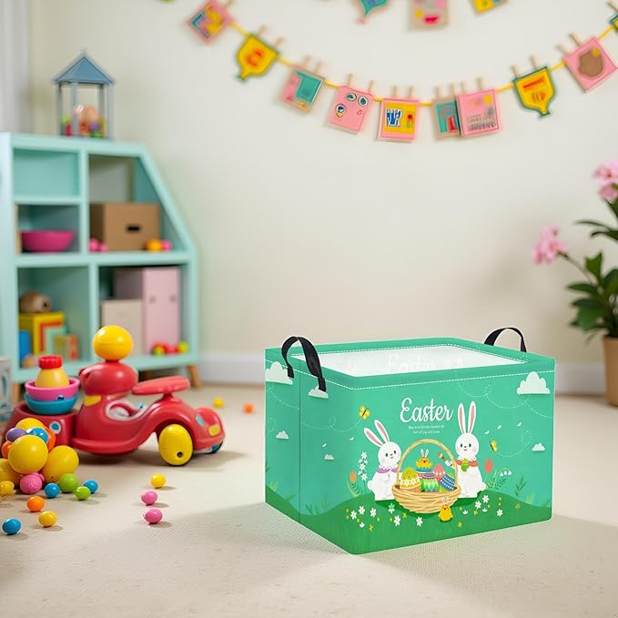 TIBAOLOVER Rectangular Easter Basket for Home Kitchen Baby Girls Basket Cute Storage Bin Organizer Shelf Book Room Decor(Green Cute Bunny)