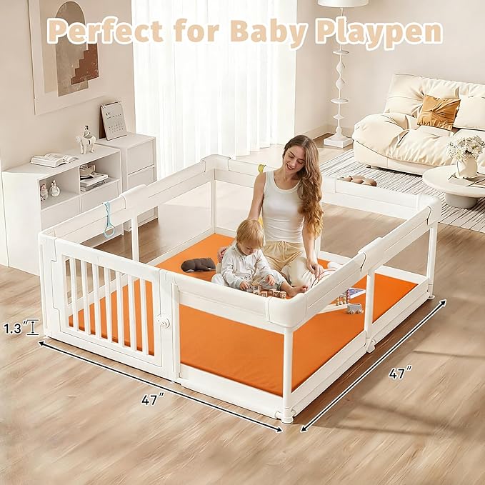 Waterproof Baby Play Mat for Floor 1.3"Thick Memory Foam 47 * 47 Cushion Playpen Playmat Tummy Time Crawling Mat Nursery Rug Pad Mattress Create Soft & Safe Area for Infants,Toddler,Kid,Orange