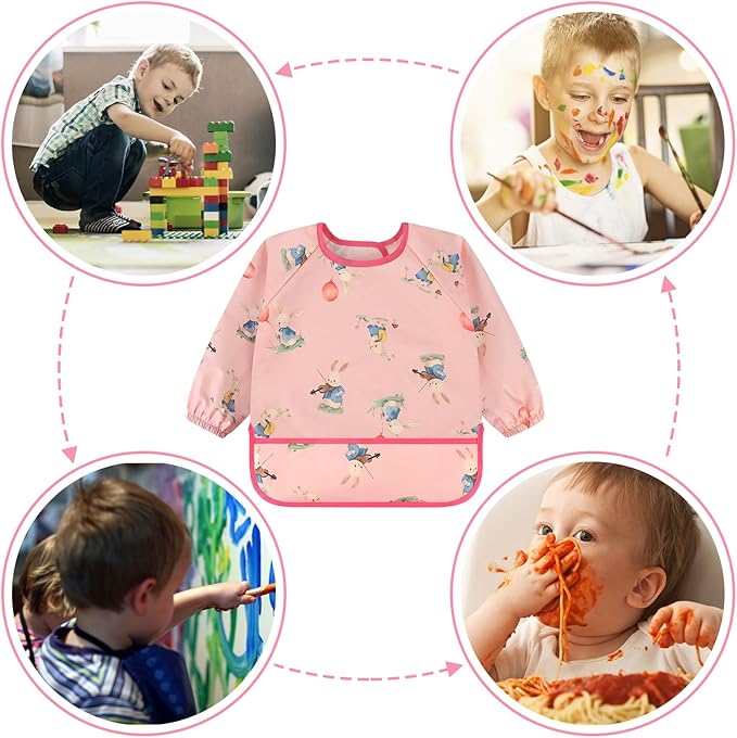 Accmor 5 Pack Long Sleeve Bibs, Baby Smock Waterproof Sleeved Bib Smock for Baby Toddler 6-36 Months