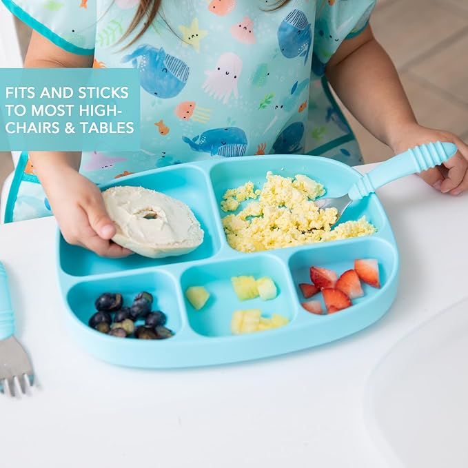 Bumkins Toddler and Baby Suction Plate, Silicone Divided Grip Dish and Lid, Large 5-Section Tray for Kids, Essentials in Children Feeding Supplies, Non Skid Stick Bottom, for Ages 6 Months Up, Blue
