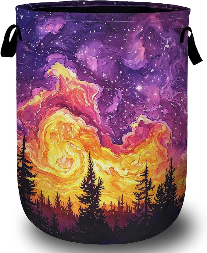 Purple Galaxy Forest Laundry Basket, Laundry Hamper Collapsible Oxford Cloth with Handle Clothes Toy Storage Bin for Bathroom Laundry Room Bedroom 15.7 X 20 Inch
