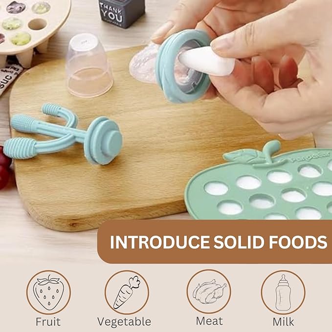 PandaEar 2 Pack Baby Breastmilk Popsicle Molds & 3 Pack Baby Fruit Food Feeder Pacifier, Baby Fruit Food Feeder Teether Tray Ice Cube Maker, Silicone Feeder Cactus Shape Teething Toy 3 Sizes Pouches