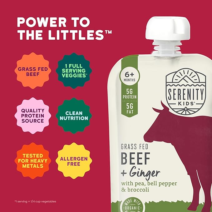 Serenity Kids 6+ Month Organic Beef & Veggie Baby Food Pouches - 5g Protein Grass Fed Beef - Organic Vegetables Blend with Broccoli & Bell Pepper - BPA-Free Baby Snacks Pouches - 3.5 Oz, 12 Pack