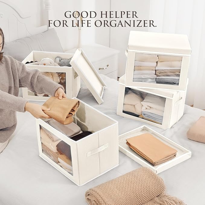 Homsorout Storage Bins with Lids, 4 Pack Large Storage Cubes with Window, Closet Bins with Lids & Handles, Fabric Box for Organizing Clothes, Towels, Books, Beige