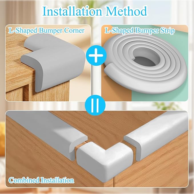 Baby Proofing Edge Corner Protector,2 Roll Grey L-Shape Soft Cabinet Door Bumper Corner Strip,Safety Bumper Corner Guards,Wall Protector,Self Adhesive,for Nursery,Kitchen,Fireplace,Table