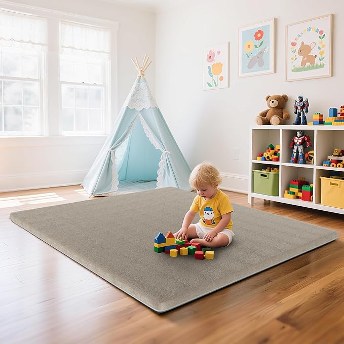 Omzer Baby Play Mat for Floor: Soft & Safe - 1.3'' Thick Foam Playpen Mats with Machine Washable Removable Cloth Cover for Tummy Time - Non Slip Crawling Pad for Toddler, Infant, Kids (Khaki, 65''x 50'')