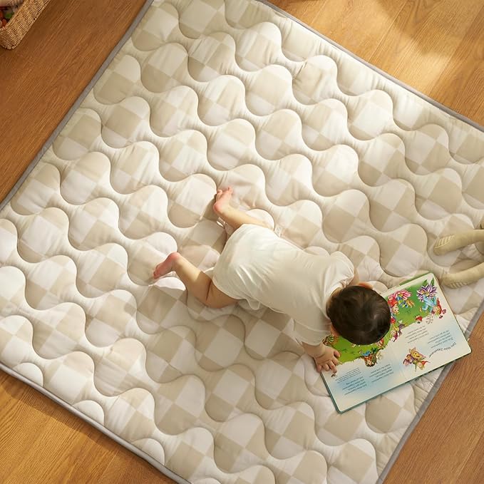 Momcozy Baby Play Mat for Floor, 50x50 Thickened Playpen Mat, Playmate for Baby Tummy Time, Waterproof & Non-Slip, Foldable Outdoor Mat with Carrying Handle, Khaki Plaid