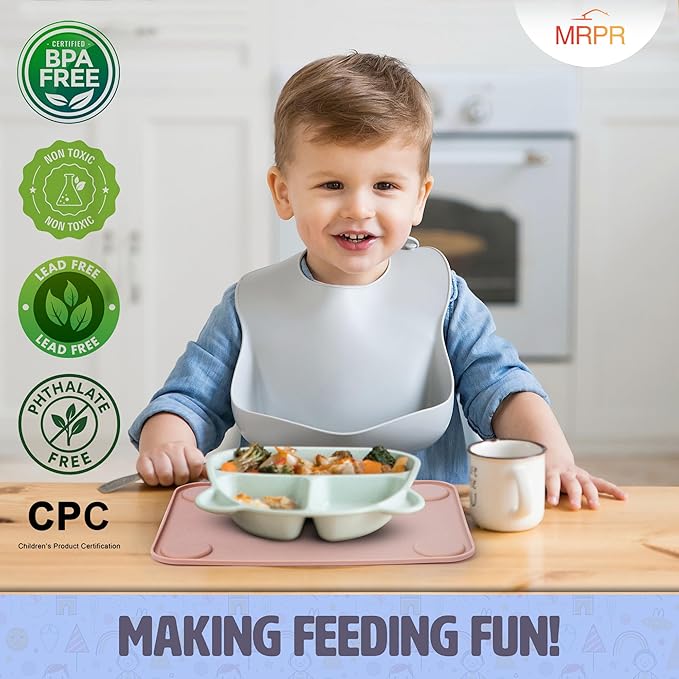 MRPR Silicone Suction Placemats for Toddlers – BPA-Free, Non-Slip, Dishwasher-Safe – Raised Edges, Travel Bags, Heat-Resistant – Mess-Free Mealtime for Home & On-The-Go