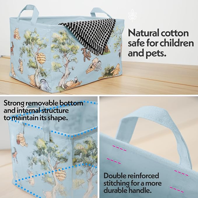 Sweet Baby Classic Winnie Pooh Storage Nursery Basket With Hard Bottom Large Square Canvas Cotton Laundry Hamper Bin Waterproof Foldable Bathroom and Bedroom Stuff Clothes Toys Vintage Decor (Blue)
