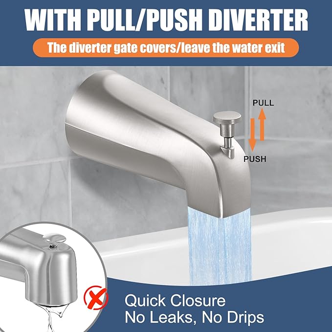 Universal Bathtub Tub Spout with Diverter, Fits 1/2" Slip-Fit Copper Pipe Connection, Pull Down Bathtub Faucet Spout Replacement, Easy Installation (Brushed Nickel)