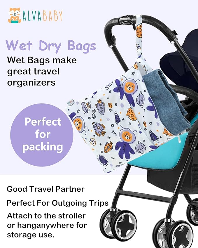 ALVABABY 2pcs Waterproof Wet Dry Bags,Reusable with Two Zippered Pockets,Baby Cloth Diaper,Travel,Beach,Pool,Daycare,Soiled Baby Items,Yoga Gym Bag,Swimsuits or Wet Clothes 2LW03