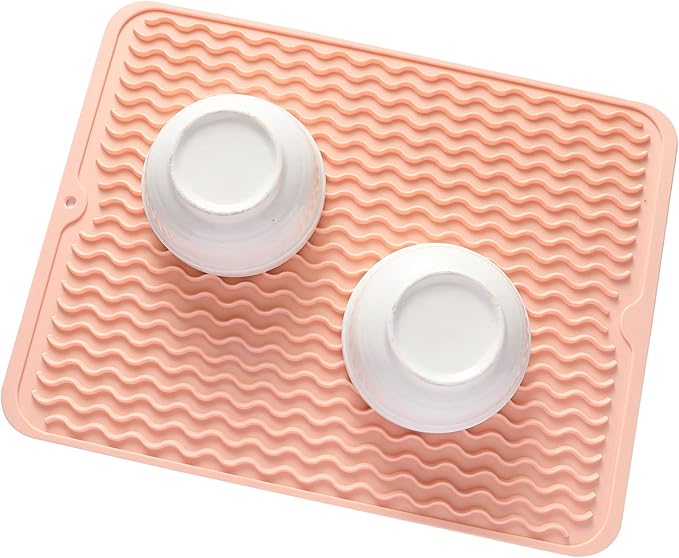 MicoYang Silicone Dish Drying Mat for Multiple Usage,Easy clean,Eco-friendly,Heat-resistant Silicone Mat for Kitchen Counter or Sink,Refrigerator or drawer liner Pink L 16 inches x 12 inches